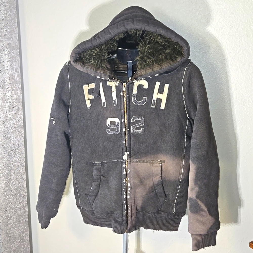 Abercrombie Fitch Wolf Jaw Jacket Mens small Blue Distressed Sherpa Zip Hoodie